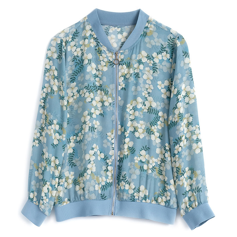 Picture of Floral Chiffon Shirt Summer Long-sleeved Slim-fit Printed Loose Slim-fit Zipper Baseball Suit Coat Fashionable Thin Jacket