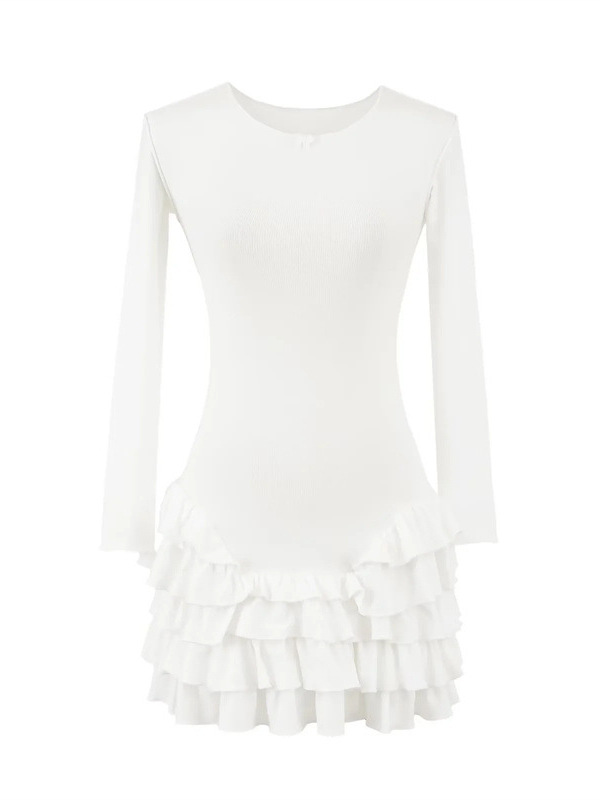 Spring New Fashion Gathered Stacked Ruffle Skirt Sexy Round Neck Slim Dress Cake Skirt Short Skirt for Women