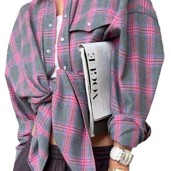 Picture of 2024 Spring and Autumn Amazon OZON Cross-border Retro Style All-match Loose Shirt * Fashion All-match Plaid Shirt Women