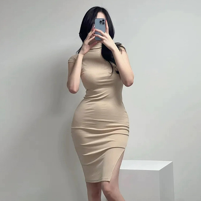 South Korea Dongdaemun Elegant Sexy Half High Collar Tight Slim Look Tight Waist Figure Split Feminine dress