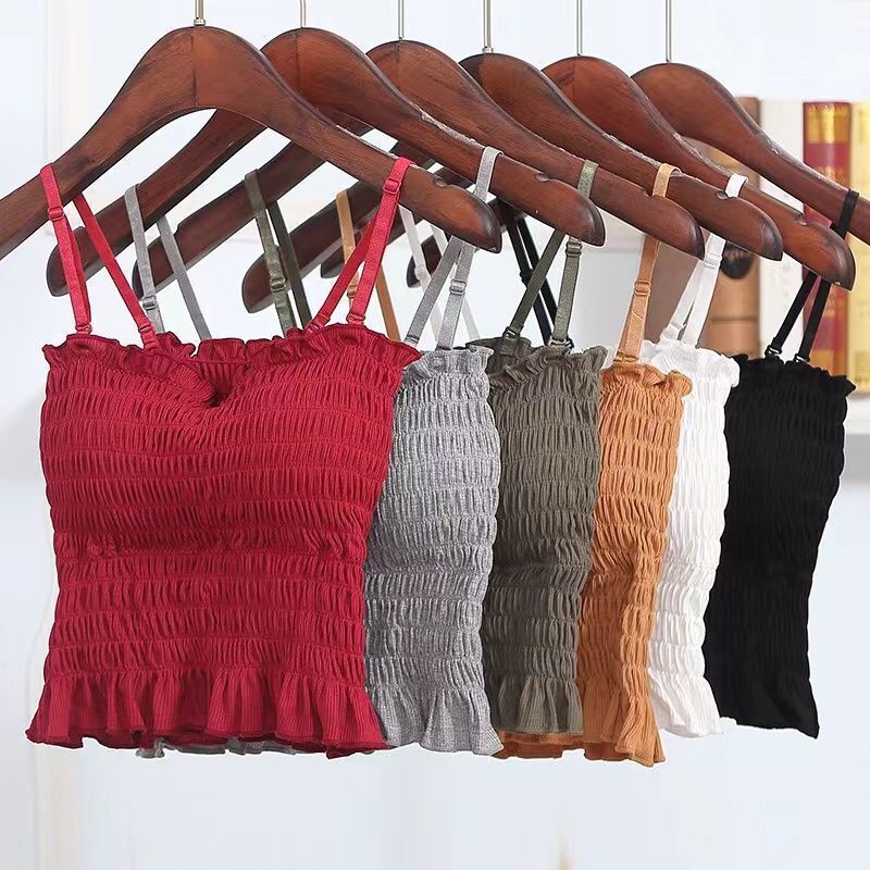Summer Camisole Women's Outer Wear Beautiful Back Wrapped Chest Bottoming Shirt New Versatile Top Pleated Short Style with Chest Pad
