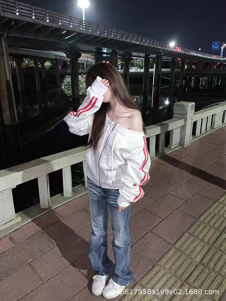 Picture of American Style One-word Collar Shoulder Long-sleeved Sweatshirt Women's 2025 New Spring and Autumn Spice Girl Casual Slim-fit Sports Slim Top