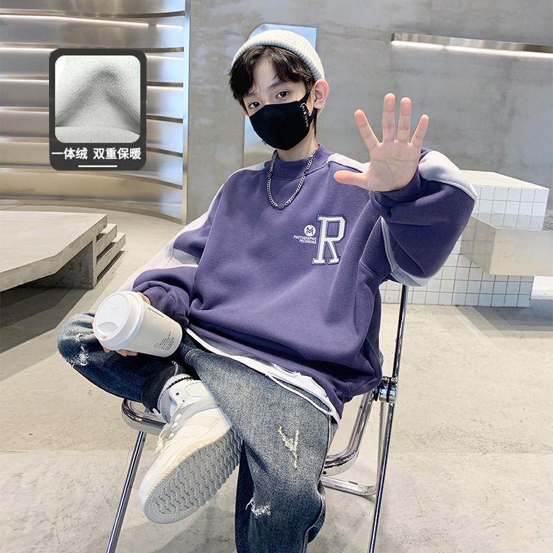 Children's fleece-lined Stitching Sweater One-piece Velvet Winter 2025 New Boys' Base Shirt Thickened Winter Korean Style
