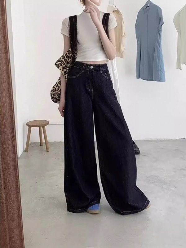 2025 Spring and Autumn American Style Drapey Wide Leg Straight-Leg Easiest for Match Jeans Women's Retro Loose High Waist Floor-Mopping Pants