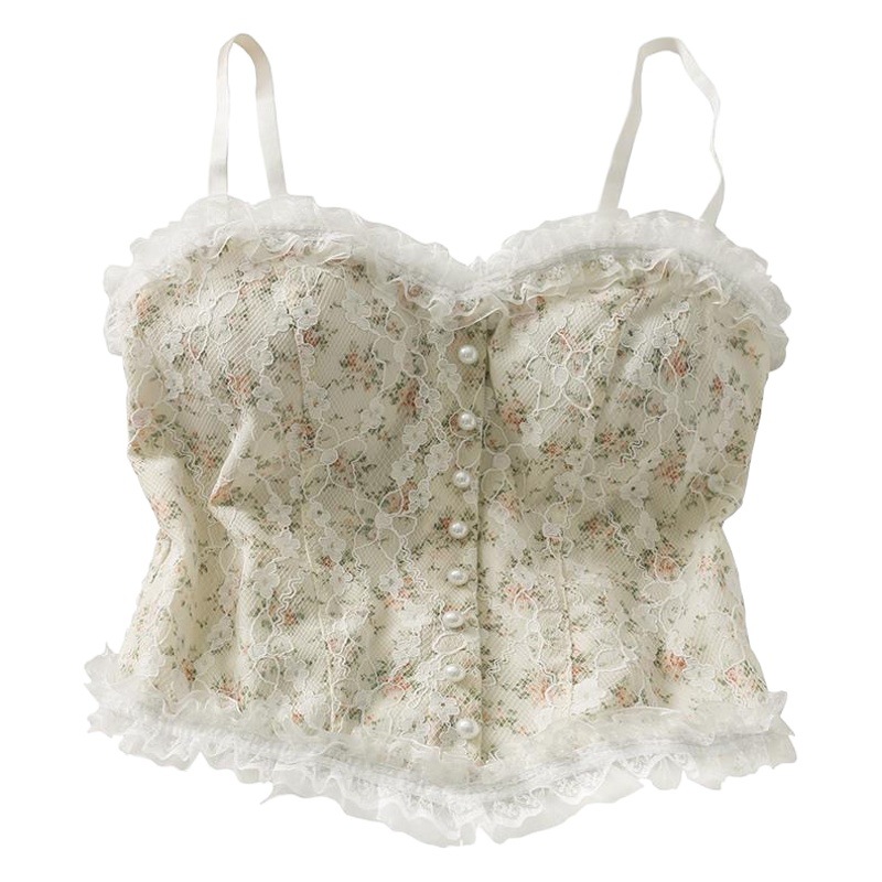 Sweet Emerald lace camisole inner and outer wear chest pad vest slimming Pearl short anti-exposure underwear for women