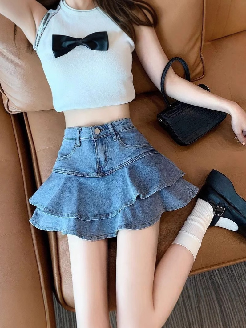 Ruffled Denim Skirt Women's Summer High Waist A- Line Fishtail Skirt plus size Fat Sister Slimming Hip Skirt