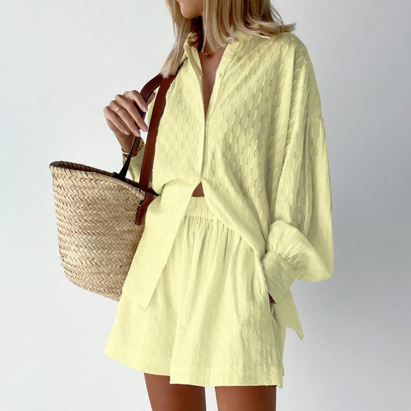 Picture of 2025 Amazon European and American Shirt Jacquard Bubble Sleeve Temperament Top Shorts Commuter Design Leisure suit