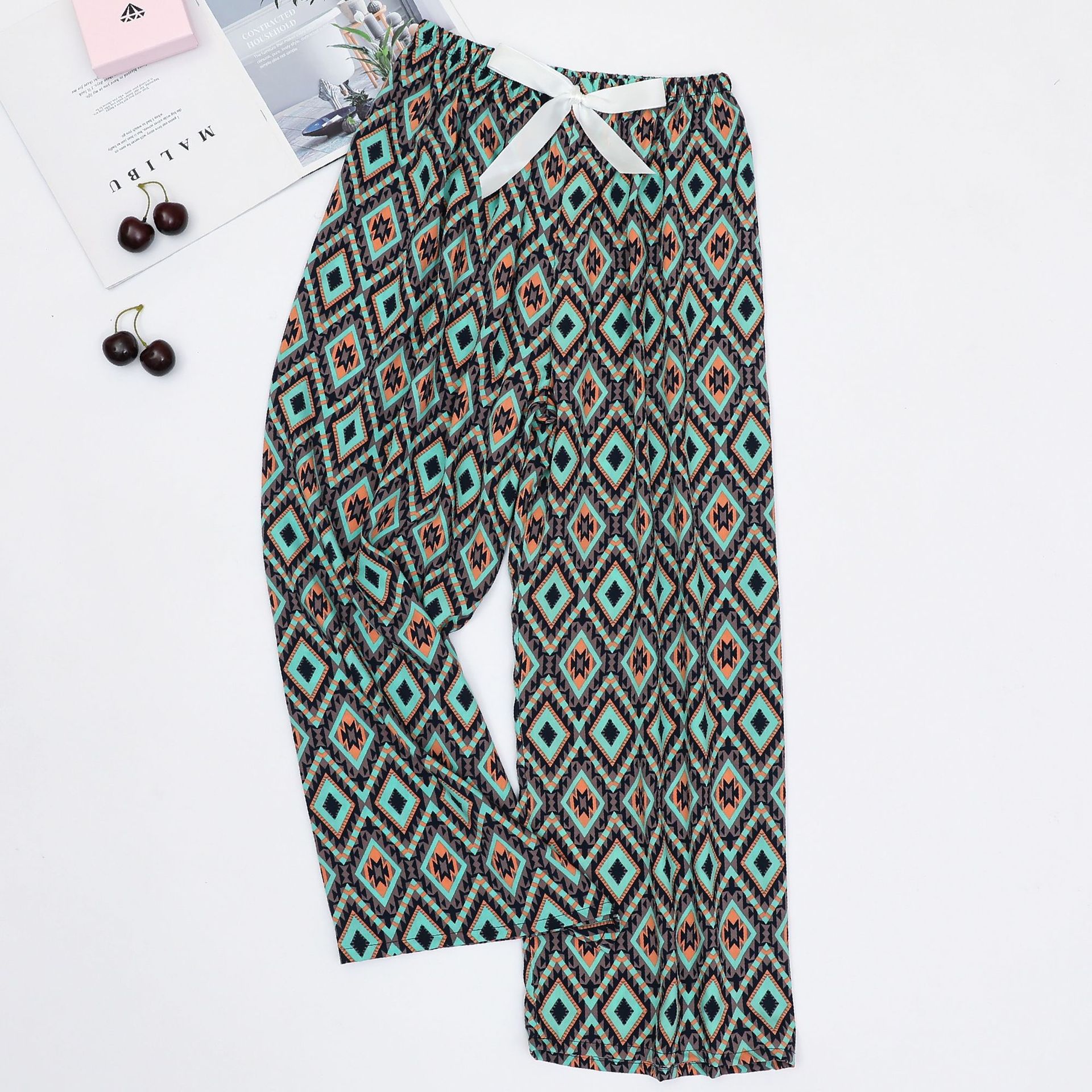Picture of Cotton Silk Pajama Pants Women's Summer Thin Black and White Cartoon Style Wide Leg Pants Large Size Loose Outer Wearing Foreign Trade Beach Pants