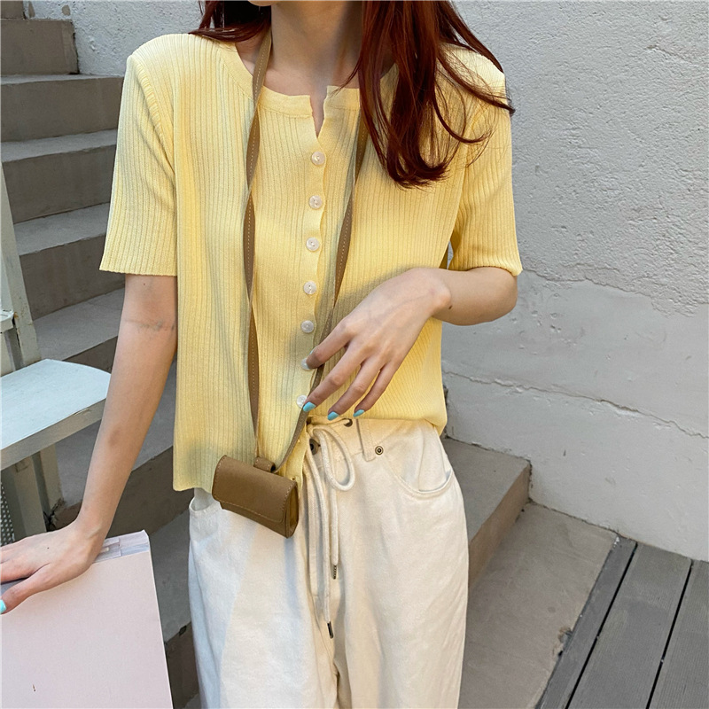Picture of Summer 2025 New Knitwear Women's Korean Style Thin Bottoming Shirt Pure Color Slimming Look Versatile Single-Breasted Short-Sleeved Top