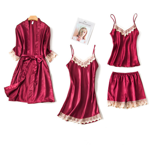 Spring and Summer sexy pajamas four-piece set women's ice silk suspender skirt bathrobe lace home wear suit wholesale