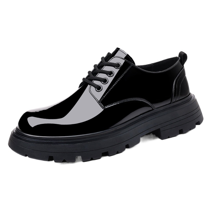 Leather shoes men's Hong Kong style bright leather casual shoes black round head youth suit big head leather shoes tide a generation of hair