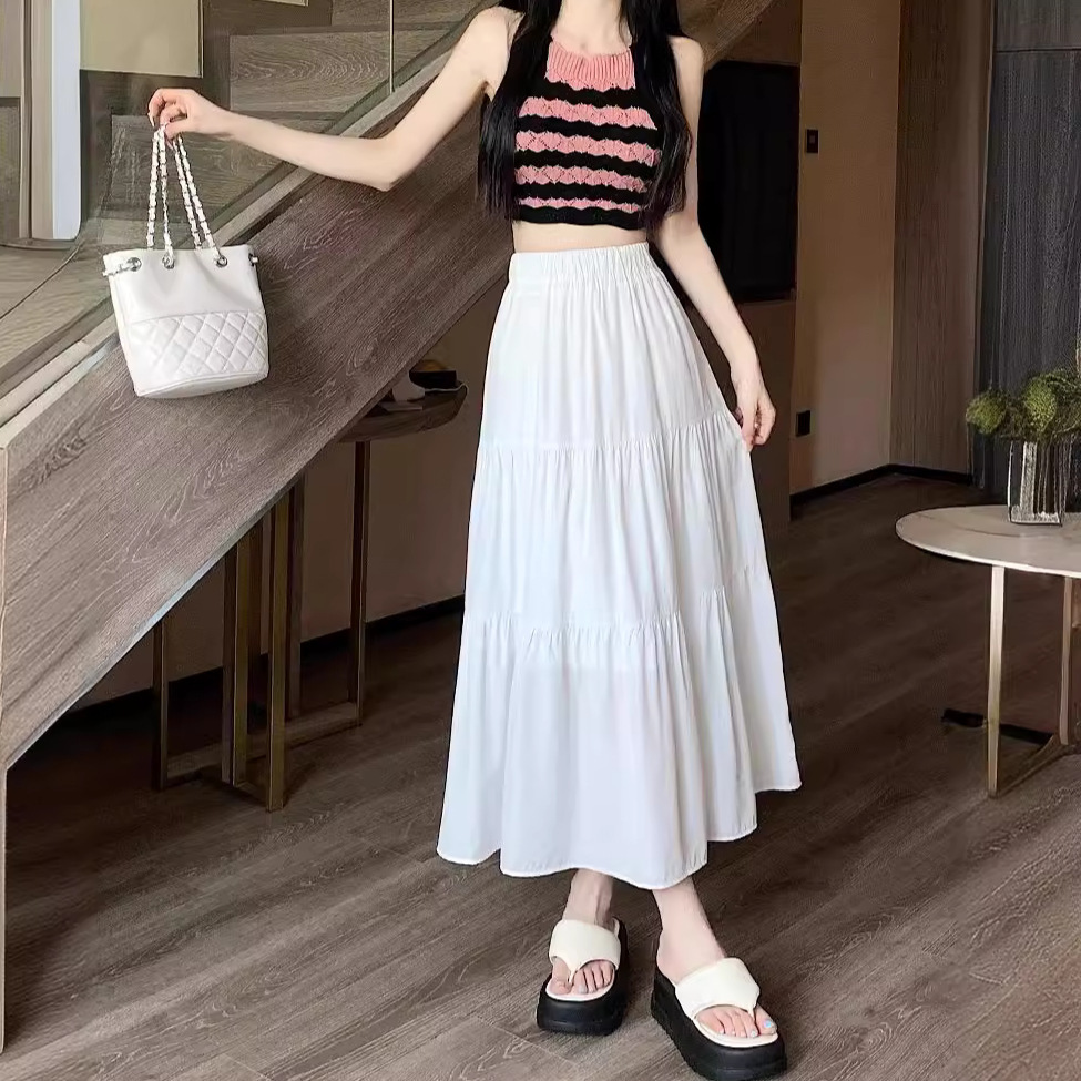White A- line Skirt Black Umbrella Skirt Skirt Women's Summer 2024 New Draped Midi Skirt High Waist
