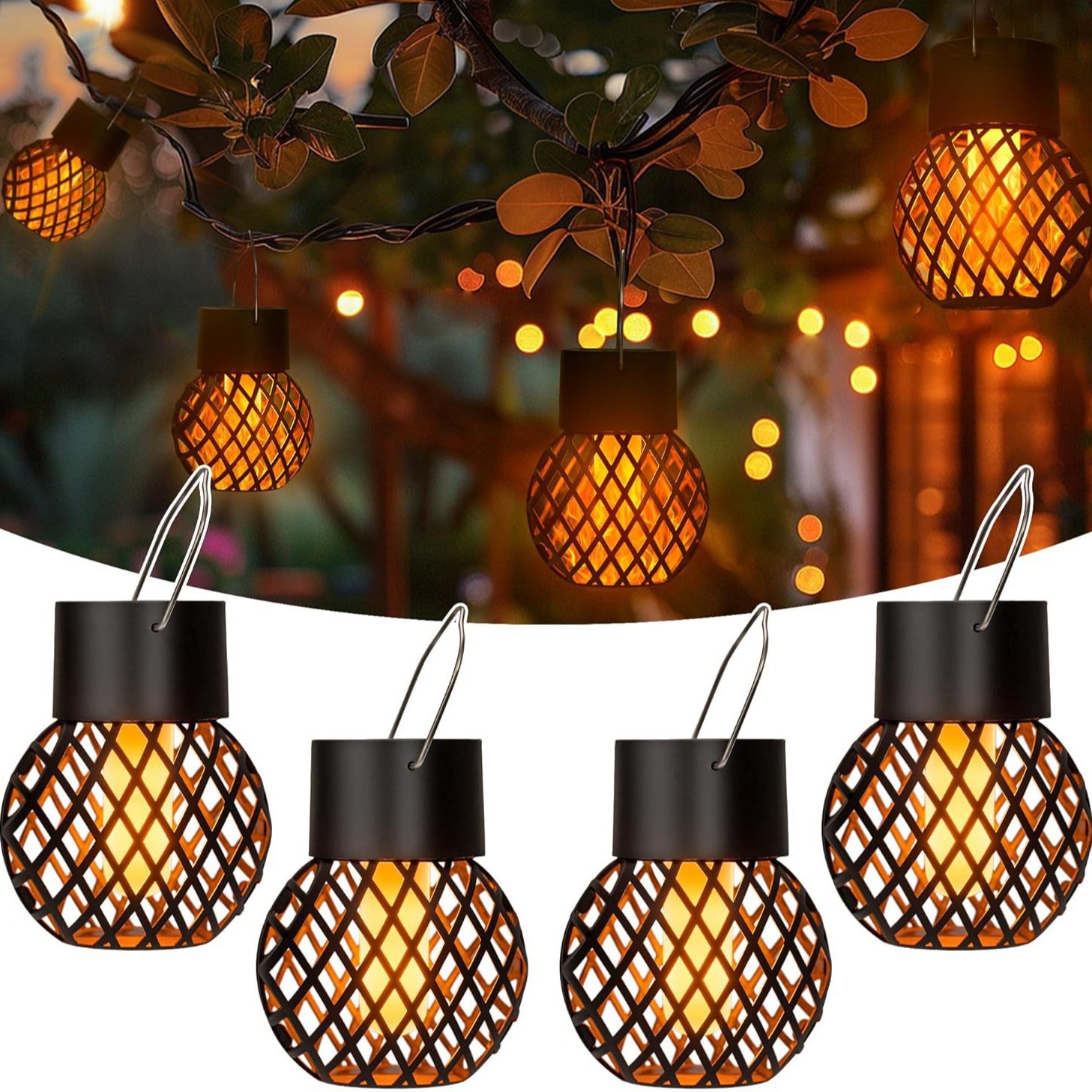 New outdoor solar small hanging ball flame lamp hollow hanging lamp branch atmosphere led lamp courtyard garden hanging