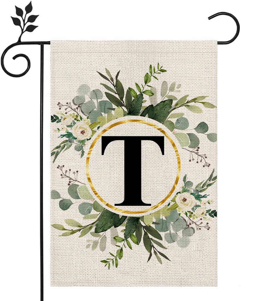 Picture of Simple ins style 26 letters + green plant printed linen garden flag surname initials courtyard door flag