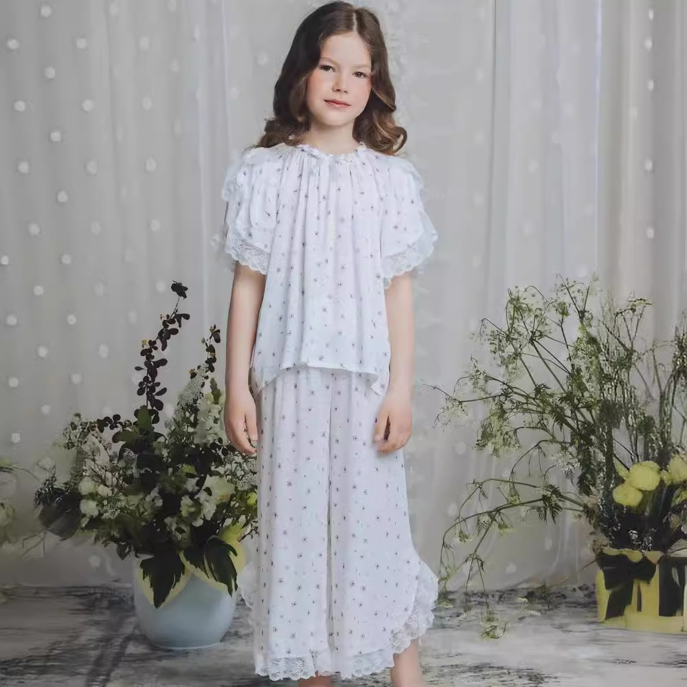 2025 Spring and Summer Purple Flower Pajamas Series Lace Nightgown Home Clothes Set 60 Count Rayon Satin