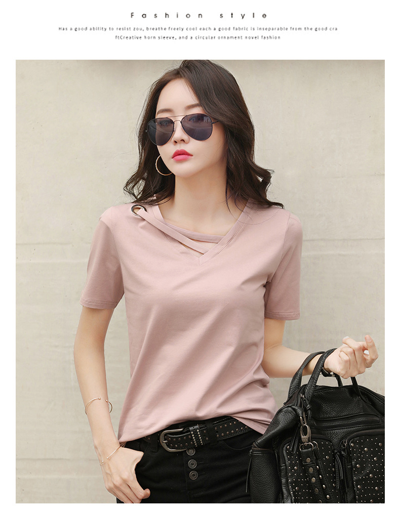 Picture of Short-Sleeved Women's 2025 New Summer White T-Shirt, Women's V-Neck Loose Korean Style Black Top, Casual Ins-Style Trendy Shirt
