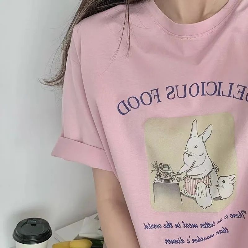 Super Hand-Feeling Modal Korean Style Bunny Sweet Loose All-Match 2025 Cartoon Printed Casual Short-Sleeved T-Shirt for Women