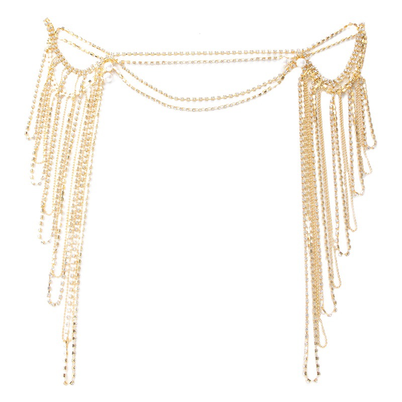 Cross-border Fashion Elegant Imitation Pearl Full Diamond Tassel Chest Chain European and American Sexy Light Luxury Flash Diamond Body Chain Shawl Chain