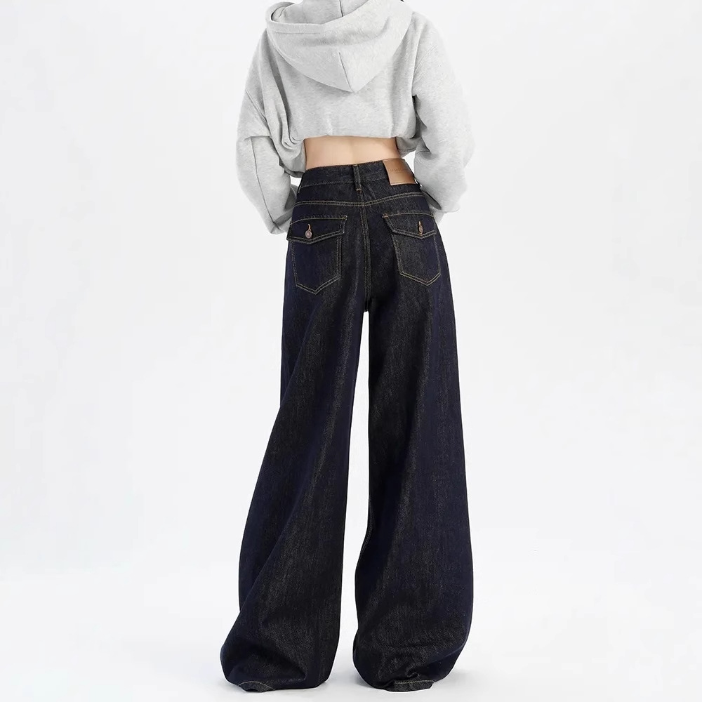Picture of American Style Retro dark blue Mop Jeans Women's Spring and Autumn High Waist Straight Wide Leg Pants Small Layhead Pants