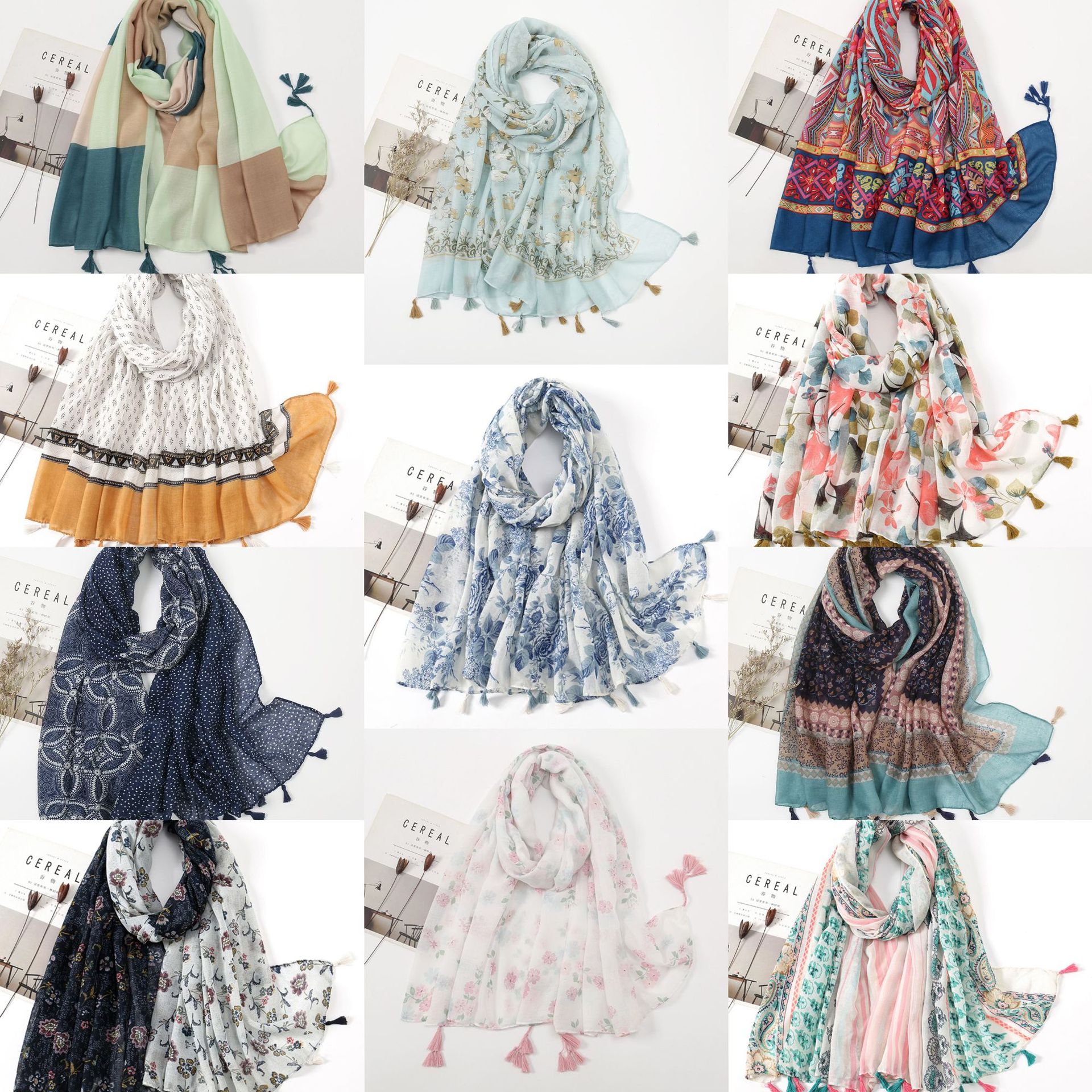 New Artistic Fresh Cotton and Linen Retro Tassel Scarf Women's Printed Beautiful Silk Scarf Japanese Sunscreen Shawl