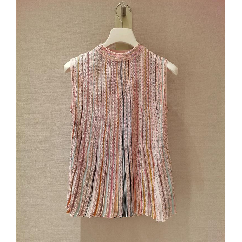 2023 New Classy European Pink Stripesd T-Shirt Women's Summer Niche Unique Chic Sleeveless Top Western Style Age Reduction