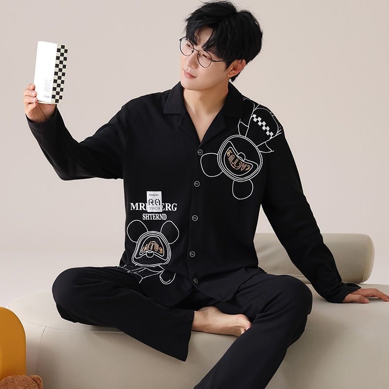 Pure Cotton Men's Pajamas Spring and Autumn Long Sleeve Trousers Loose plus size Men's Outwear Casual Home Clothes Summer