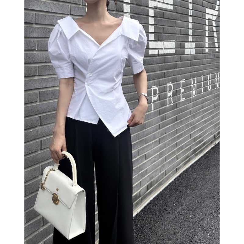 Korean Style Striped Waist Slimming Puff Sleeve Shirt