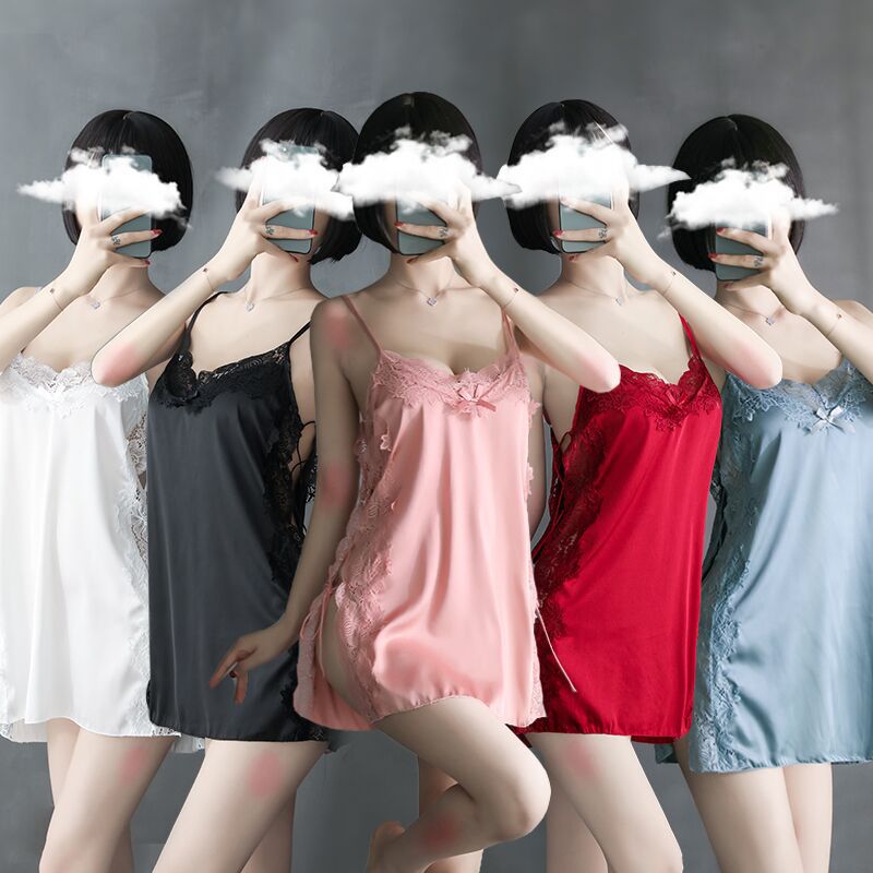 Ambiguous Bathrobe Sexy Underwear High-end Satin Lace Pajamas Women's Backless Strap Set Nightdress Home Clothes Large Size