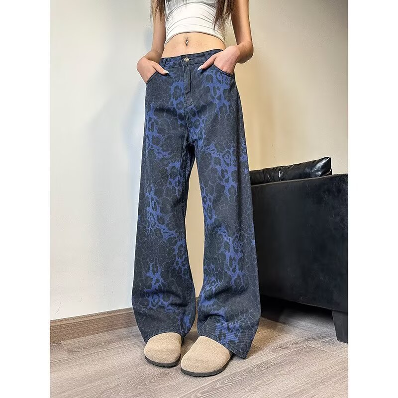 Washed Micro-elastic Teenage Trendy regular Retro Blue Leopard Print Jeans Street Style Straight Leg Wide Leg Pants for Summer