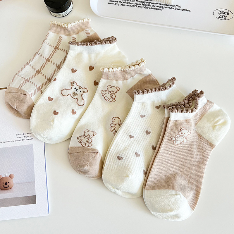 2023 new lace love cartoon bear socks low-top thin women's boat Socks casual cotton socks spring and summer socks for women