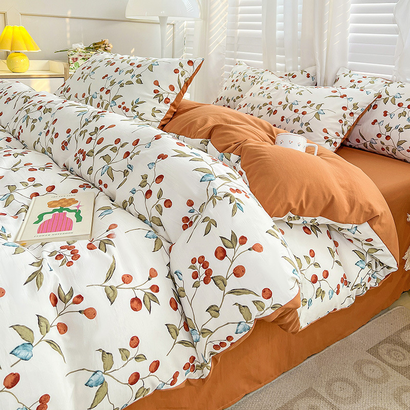 Picture of Class A Washed Double Yarn Cotton and Linen Four-piece Bed Sheet Cover Cover Three-piece Machine Washable Single and Double Bed Top Supplies
