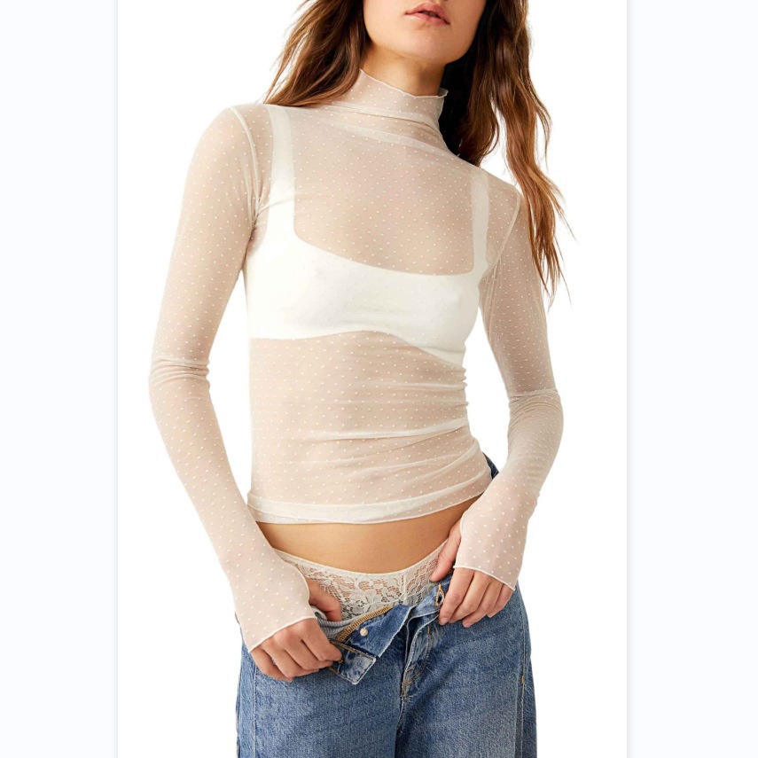 European and American sexy hot girl bright dot mesh T-shirt cross-border new half turtleneck slim fit all-match bottoming top
