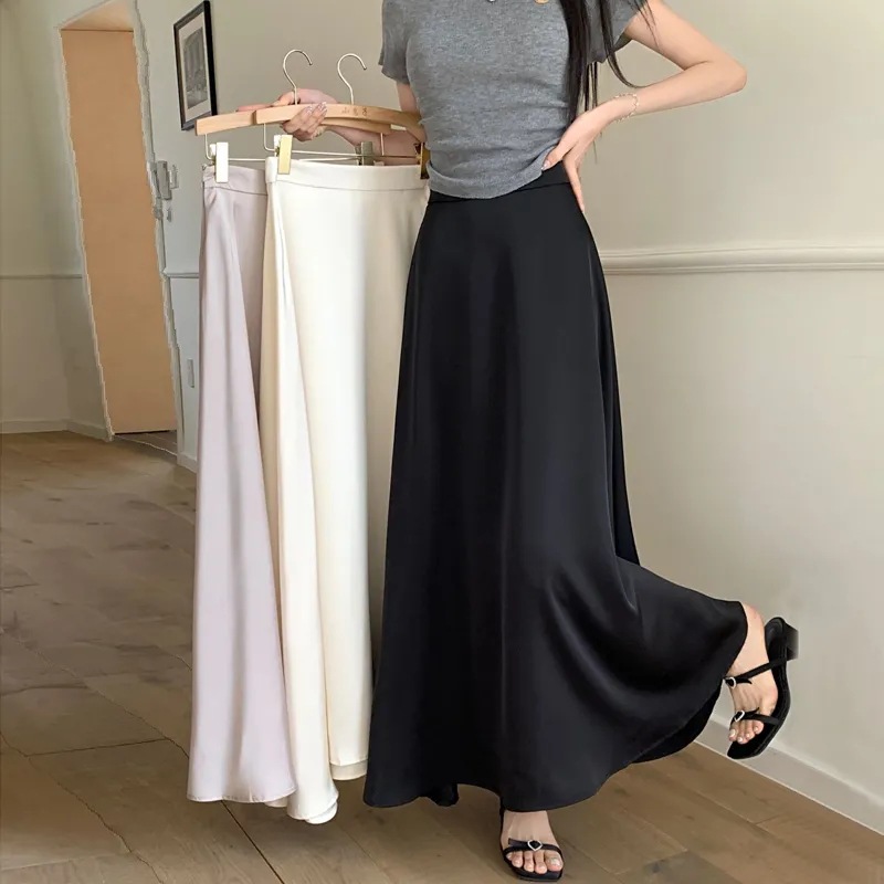 French Acetate Satin Fishtail Skirt for Women Summer New High-Waisted Hip-Covering Slimming Look Draped A-Line Long Skirt