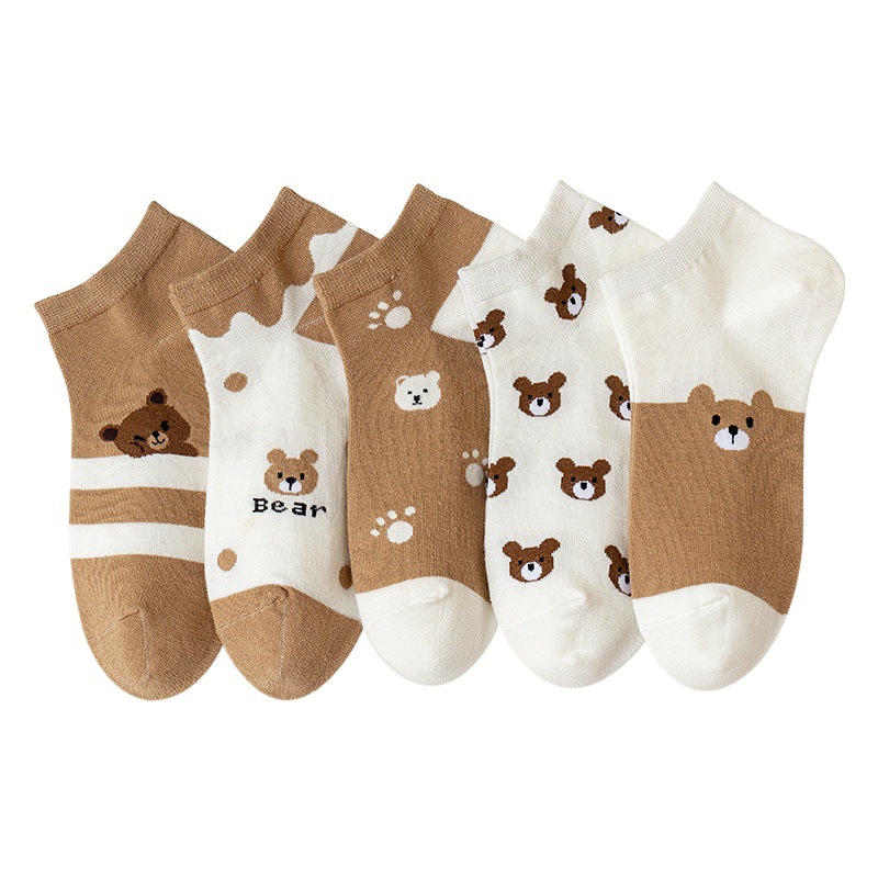 Socks for women spring and summer thin breathable couple cute cartoon bear ins trendy all-match short cotton socks wholesale