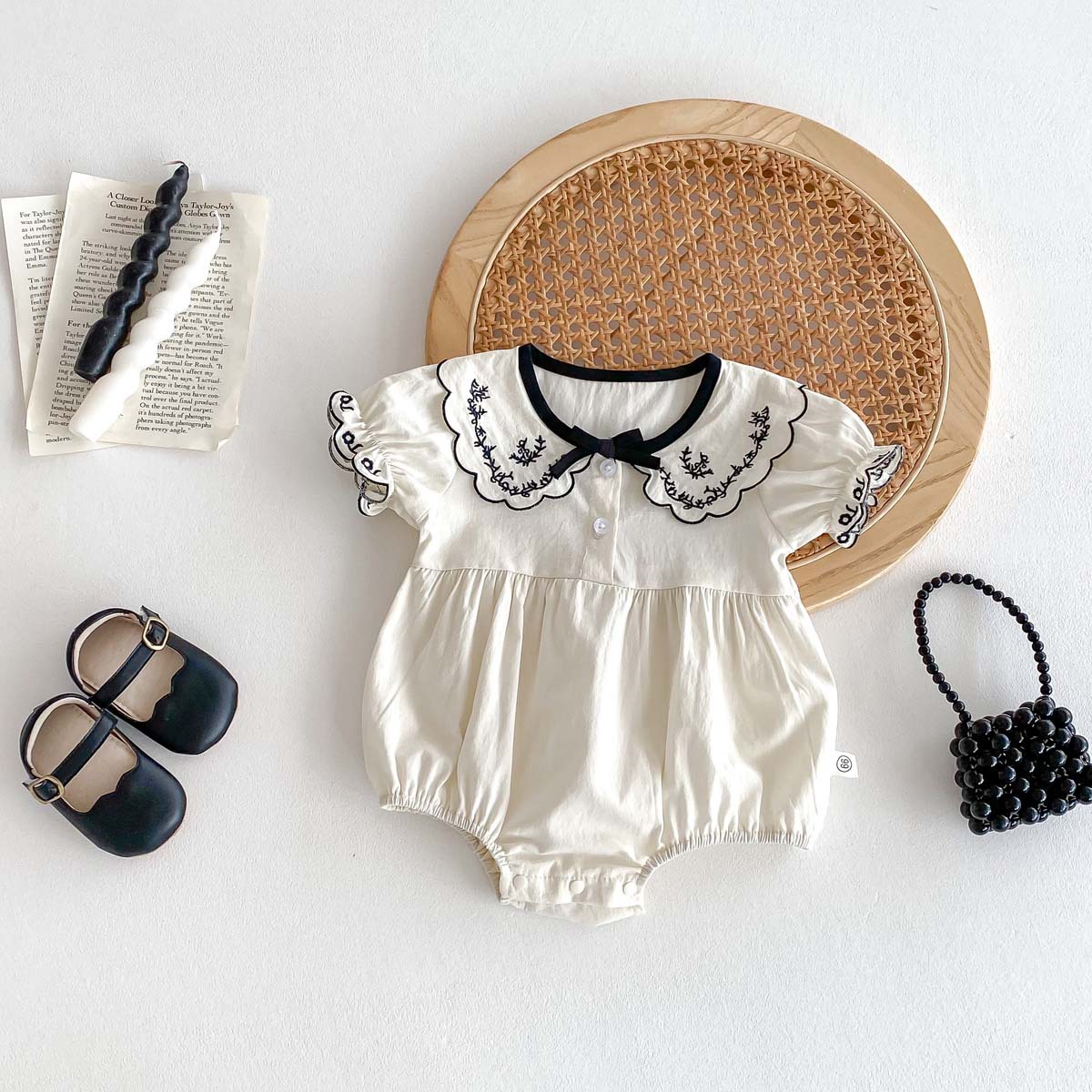 Summer Thin Baby Embroidered Lapel Short-sleeved Jompsuit Foreign-style New-born Baby Girl Bow Wrap Fart Clothes