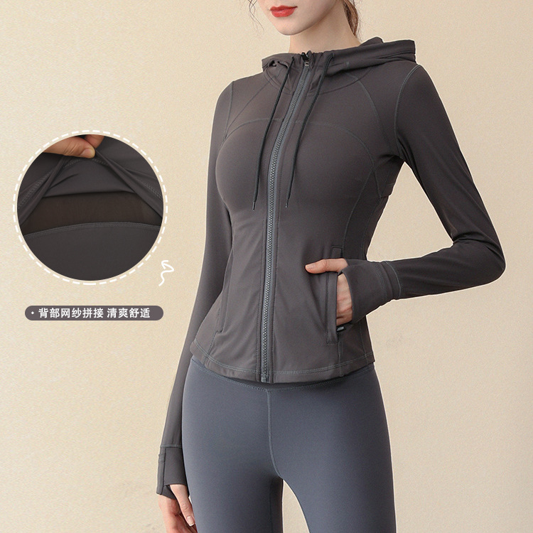 Cross-border elastic waist tight fitness yoga clothing hooded long sleeve running cardigan tight top autumn and winter new