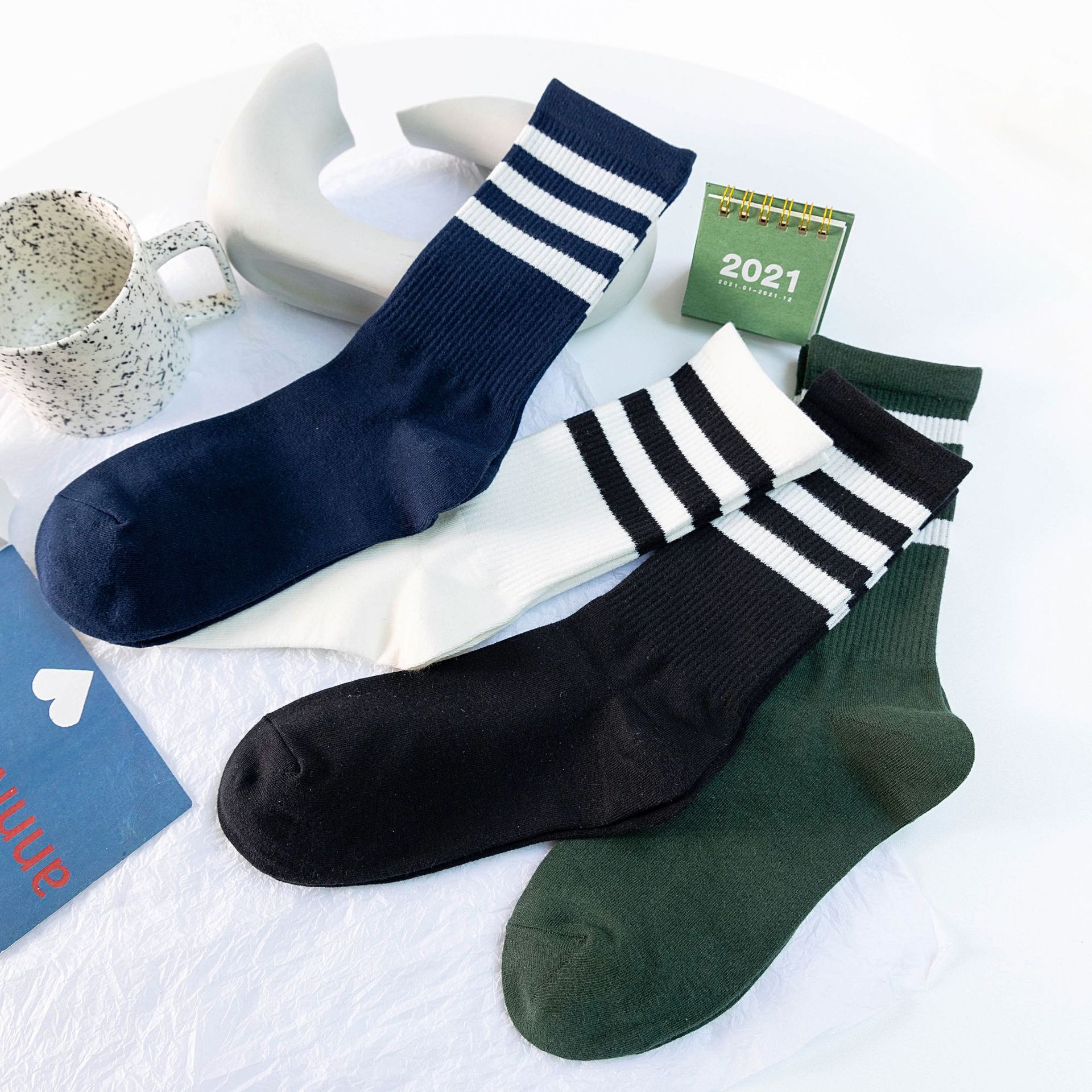 Socks Men's Socks Three Stripes Japanese and Korean Trendy Socks College Style Sports Student Skateboarding Black and White Mid-Tube Socks Cotton Socks