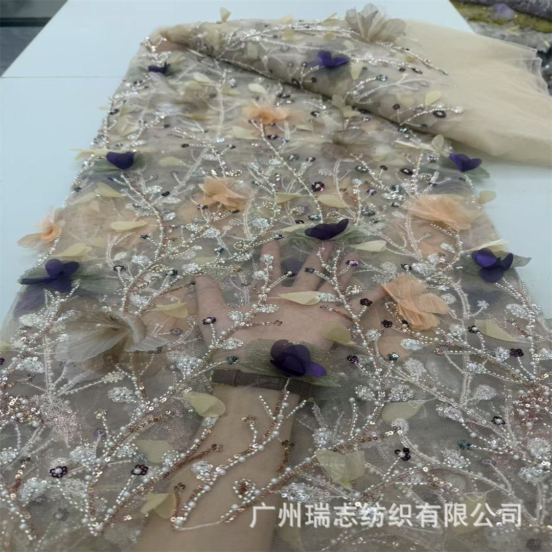 Cross-Border New Product Fairy Handmade Nail Flowers + Bead Tube Sequin Embroidery Wedding Dress Women's Skirt Fashion Stage Bead Embroidery Fabric