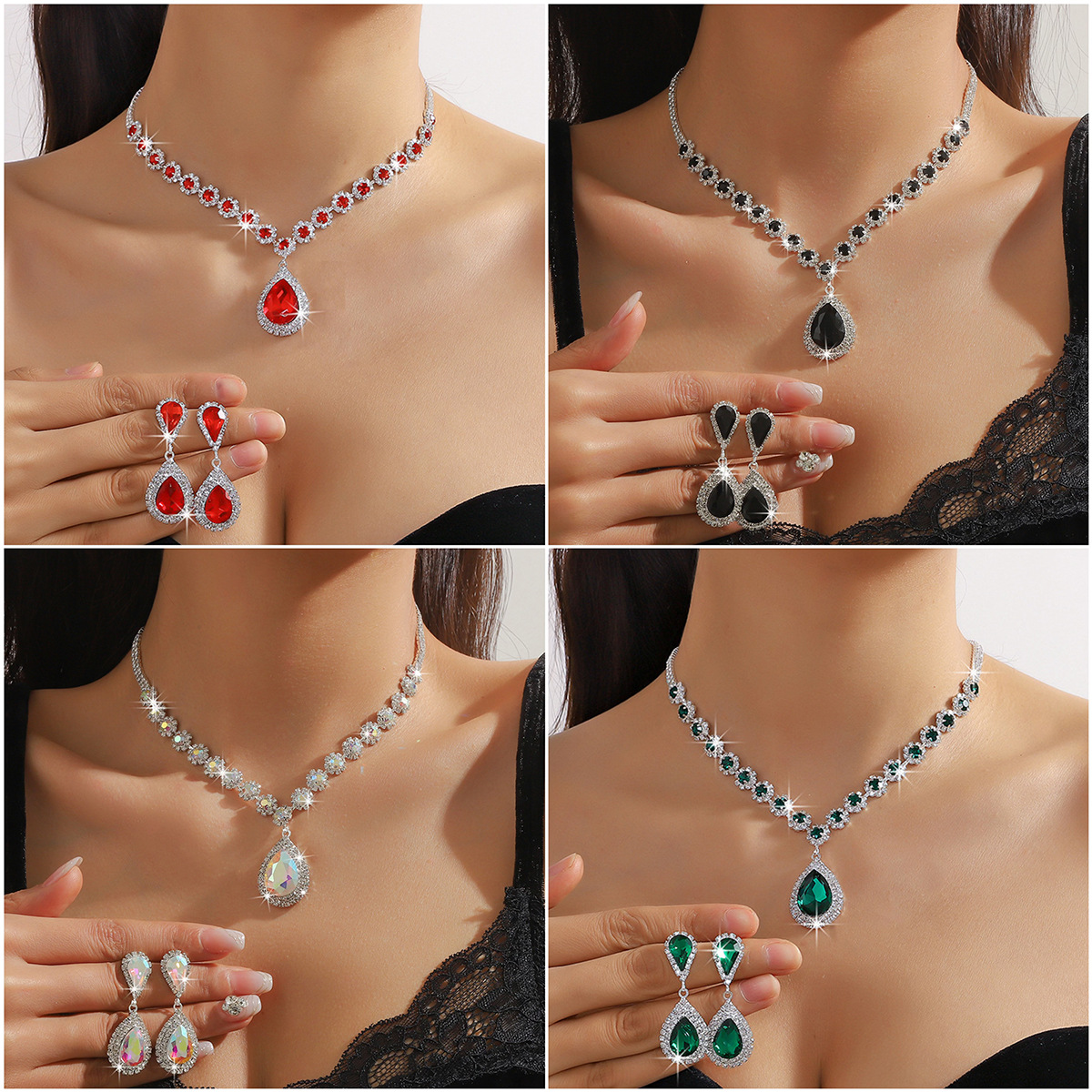 Cross-border supply Europe and the United States hot white color blue green red water drop crystal necklace earrings suit jewelry two-piece set