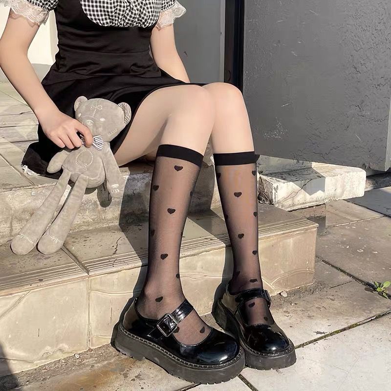 Jk White Calf Socks for Women, Spring and Summer Ultra-Thin Sheer Black Mid-Calf Socks, Polka Dot Heart Slouch Socks, Japanese Style