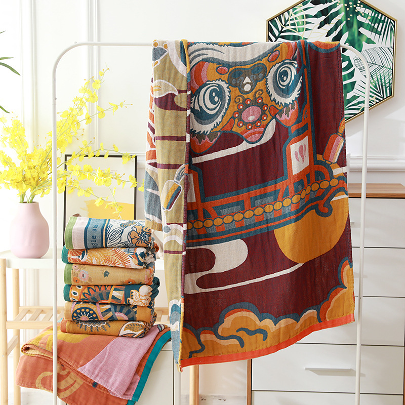 Picture of Wholesale Colored Cotton Four-Layer Gauze Bath Towel Absorbent Adult Couple Household Bath Towel Four Seasons Cartoon Cotton Bath Towel