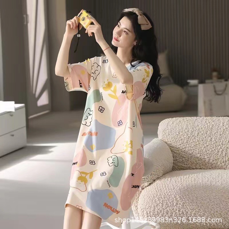 Pajamas Women's Summer Korean-style Pajamas Women's Summer Nightgown Short-sleeved Women's Summer Home Clothes suit Student Cute plus size