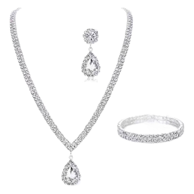 Jewelry Set Flash Diamond Inlaid with Full Diamond Crystal Drops Necklace Earrings Set Women's Earrings Bracelet Three-piece Set