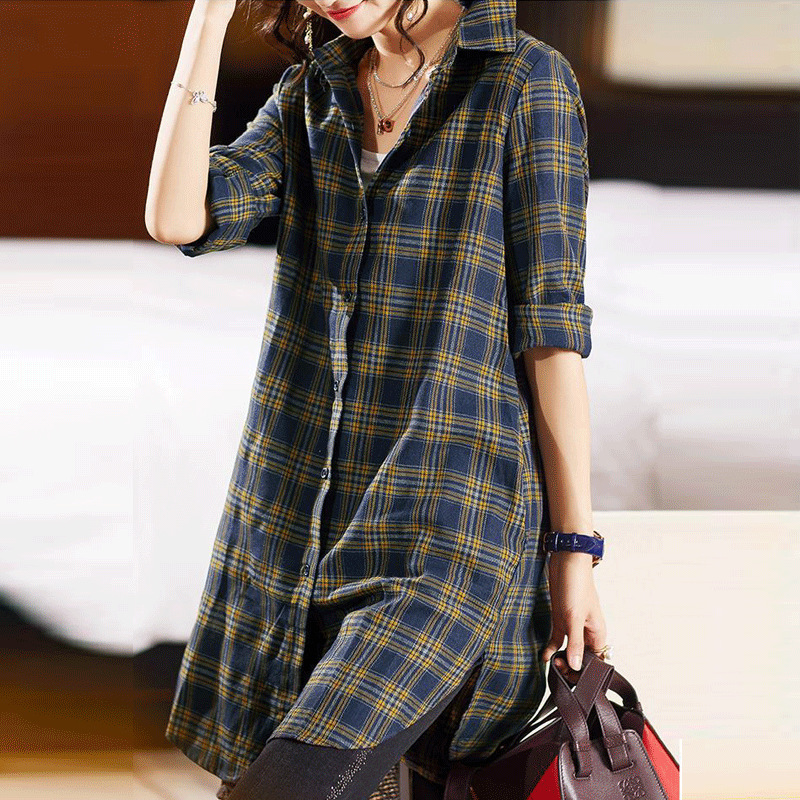 2023 Spring Autumn Summer Fashion Season New Loose Large Size Women's Long Sleeve Hong Kong Style Mid-length Plaid Shirt Women's Top