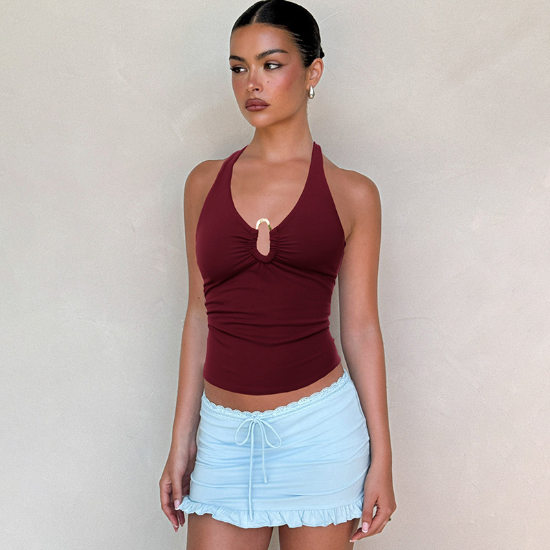 Foreign Trade 2025 Summer New Cross-border Women's Sexy Hanging Neck Backless Lace Slim-fit Vest Spice Girls' Sling Women