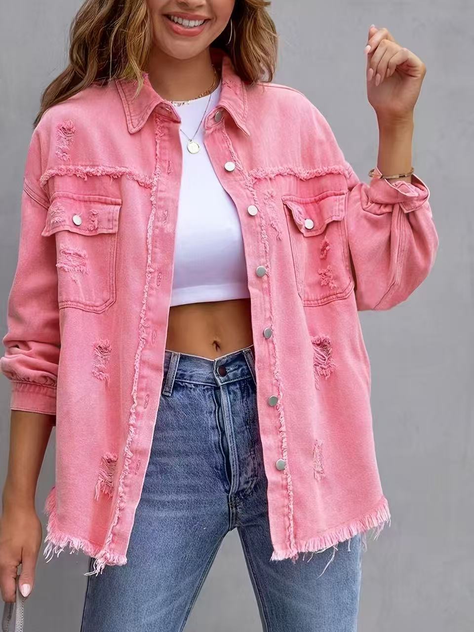 Picture of 2025 New European and American Style Mid-Length Raw Edge Ripped Denim Jacket Women's Autumn and Winter Long-Sleeved Casual Lapel Top