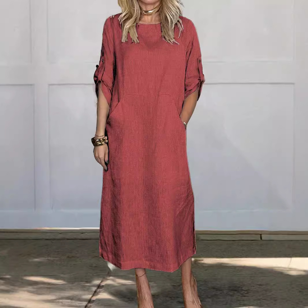 2024 Europe and America Amazon Explosions Women's Independent Station Cotton and Linen Solid Color Casual Round Neck Double Side Pocket Long Clothes