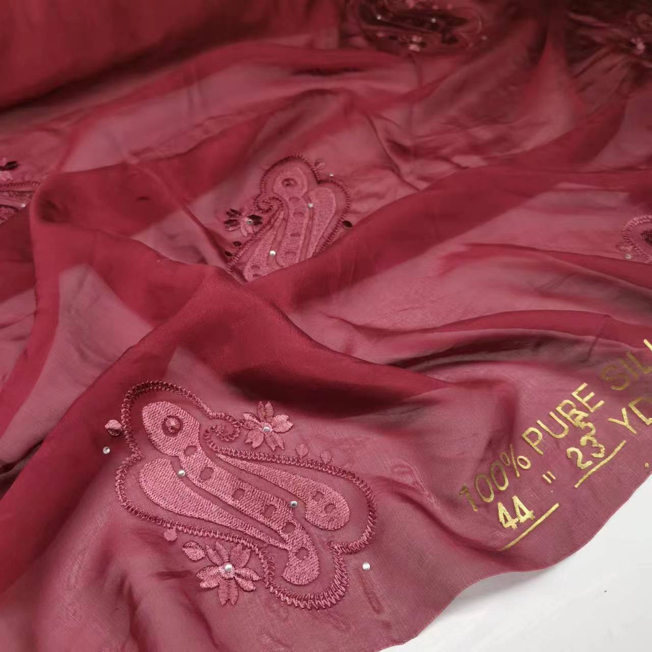 Silk Chiffon Embroidered Fabric 100% Mulberry Silk Narrow Silk Fabric Gauze Scarf Turban Dress Fabric