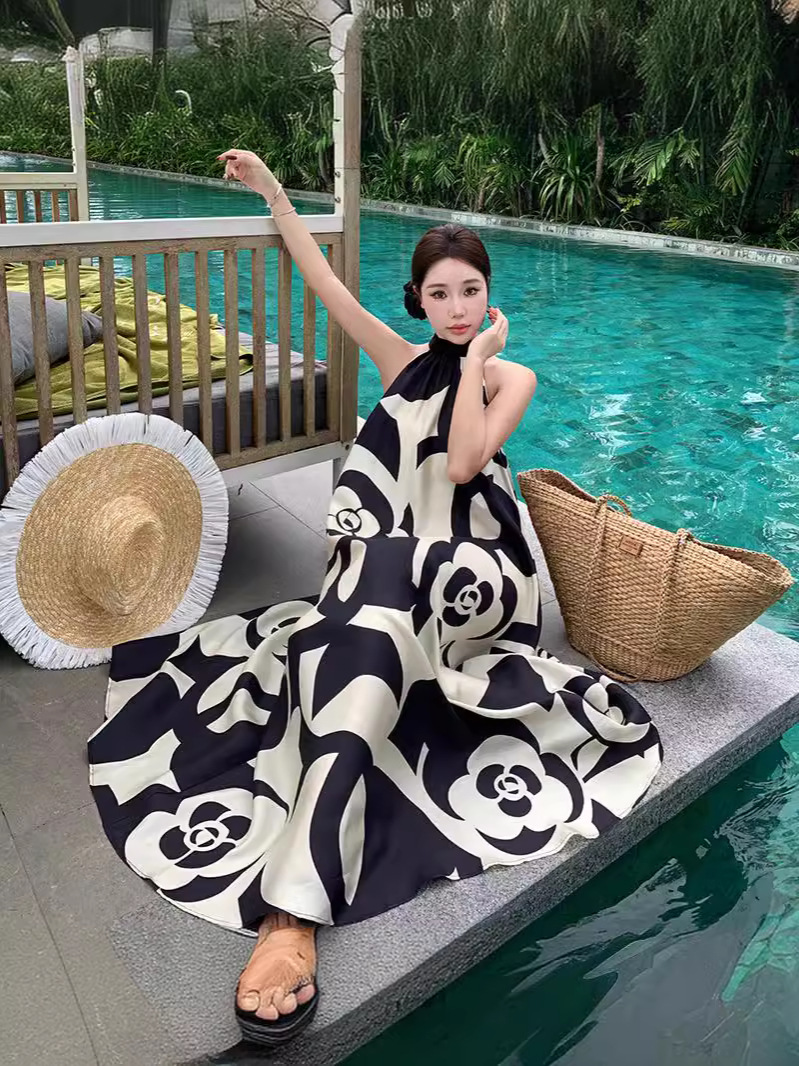2024 New Camellia Silk Neck dress Women's Summer High-end Loose Printed Long Dress