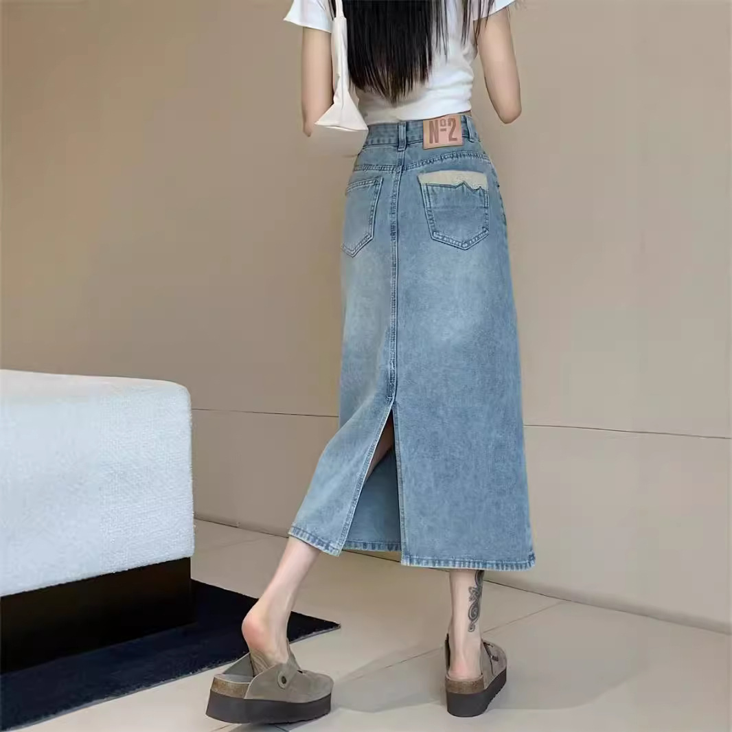 Denim Half-length Women's 2024 Spring New Explosions High Waist Split Burr Loose Retro A- length Skirt
